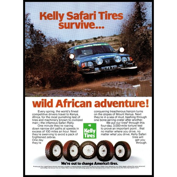 1983 Kelly Tires Safari Rally Vintage Print Ad Subaru Mud Hole Splash Wall Art - Picture 1 of 1